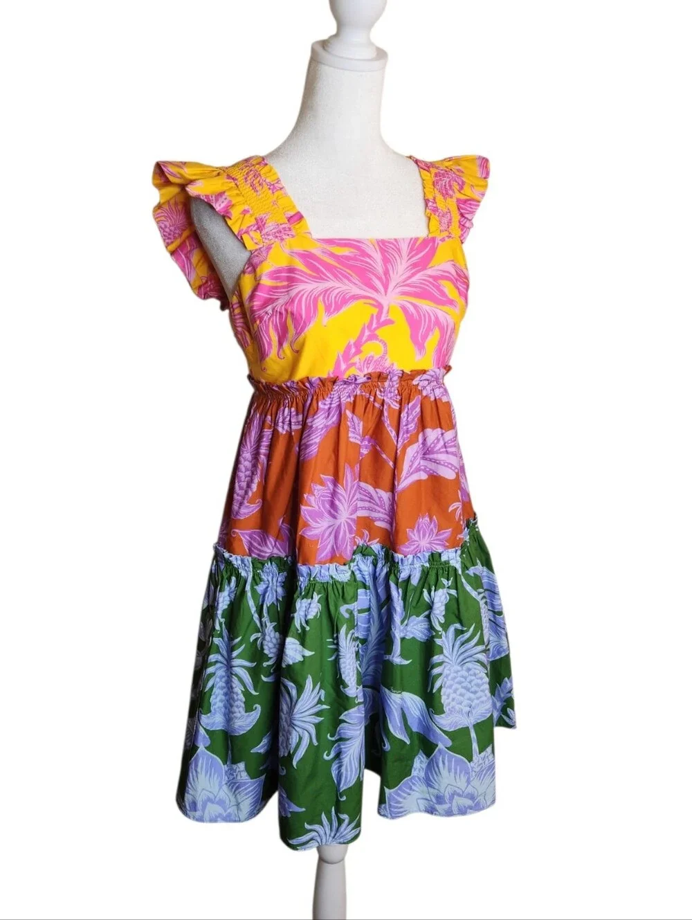 Farm Rio Tiered Tropical Printed Cotton Swing Mini Dress XS - Picture 4 of 8
